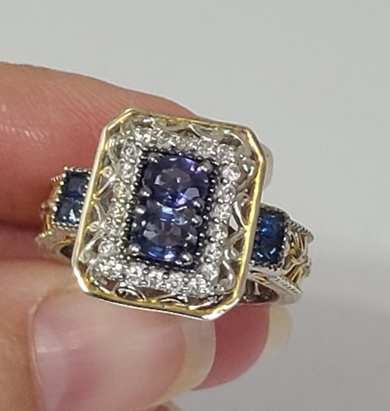 Gems en Vogue Boho Mogok Blue Sapphire 24K Plated Sterling Silver Statement Ring - Picture 7 of 16